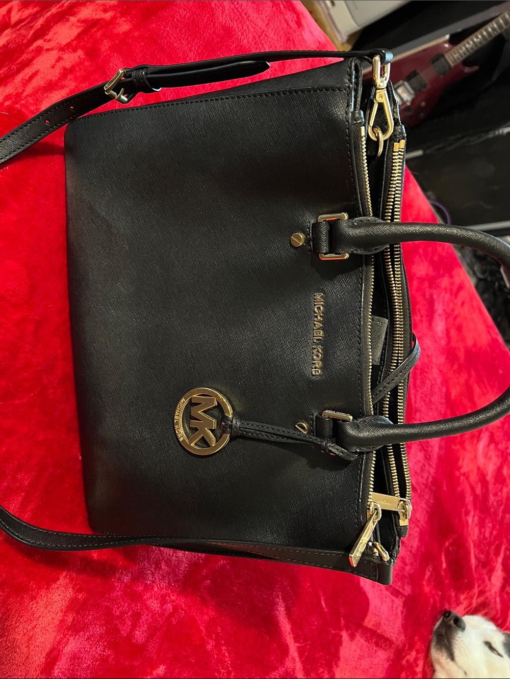 Michael Kors Black Saffiano Leather Satchel with Gold MK Charm